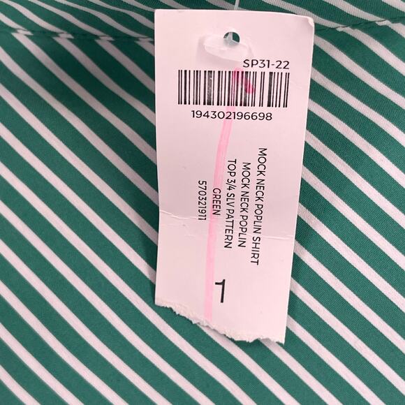 Chicos Mock Neck Poplin Shirt Size 1 8 Medium Green White Stripe Tortoise Button - Picture 4 of 7